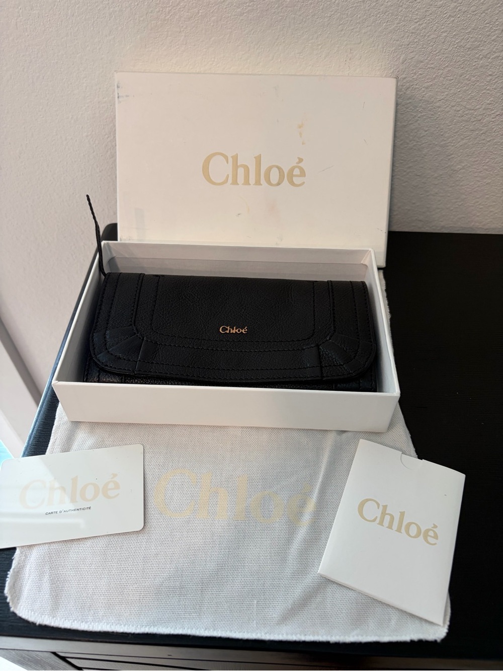 Chloé Paraty long Black Wallet with Gold Logo